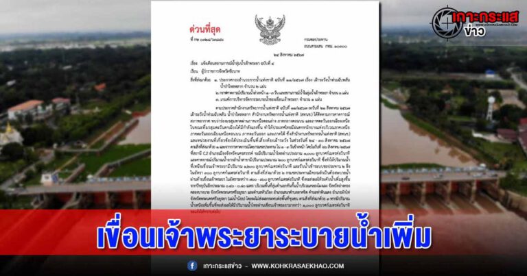 ชัยนาท-กรมชลประทานออกประกาศเตือนฉบับที่4พื้นที่11จังหวัดลุ่มเจ้าพระยาเฝ้าระวังหลังเขื่อนเจ้าพระยาเตรียมปรับเพิ่มการระบายน้ำในอัตรา900ลบ.ม.